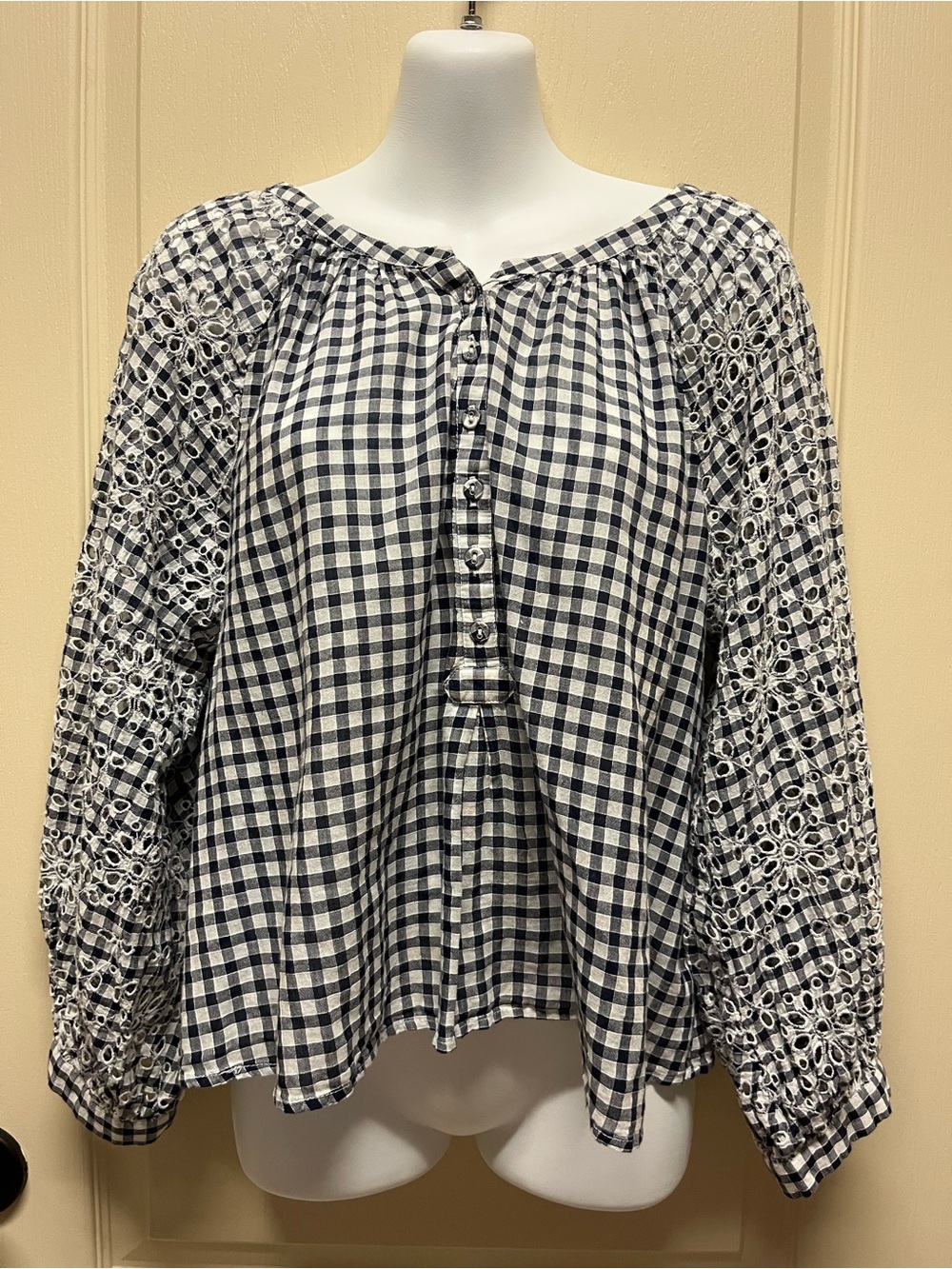 Akemi + Kin Black and White Gingham Peasant Cotton Blouse with Eyelet Sleeves M
